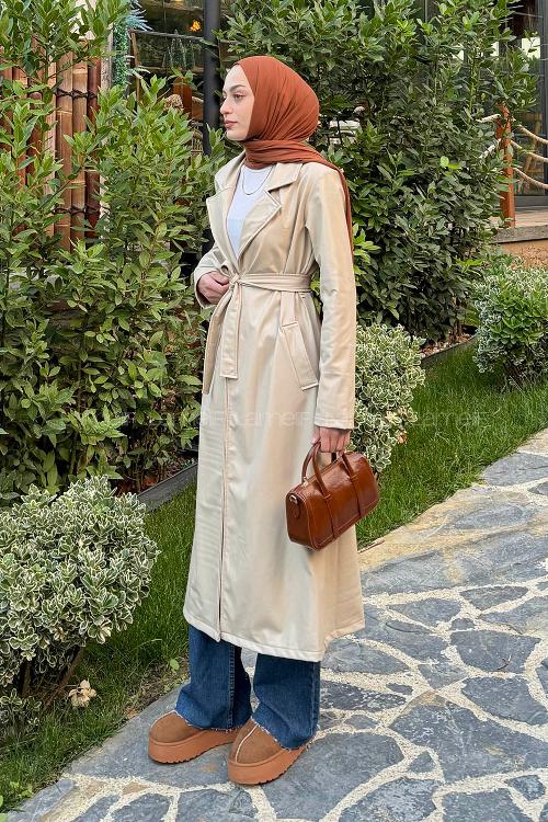 Lamelif Kuşaklı Deri Trençkot Taş Rengi