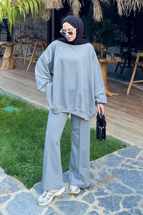 Lamelif Oversize Sweatshirt İkili Tesettür Takım Gri
