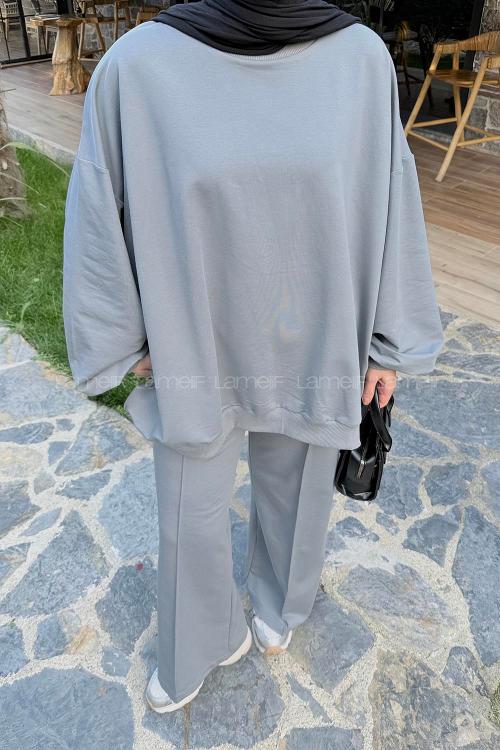 Lamelif Oversize Sweatshirt İkili Tesettür Takım Gri