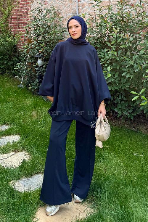 Lamelif Oversize Sweatshirt İkili Tesettür Takım Koyu Lacivert
