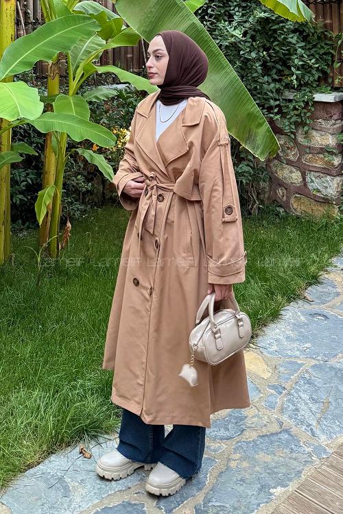 Lamelif Uzun Apoletli Oversize Trenç Camel