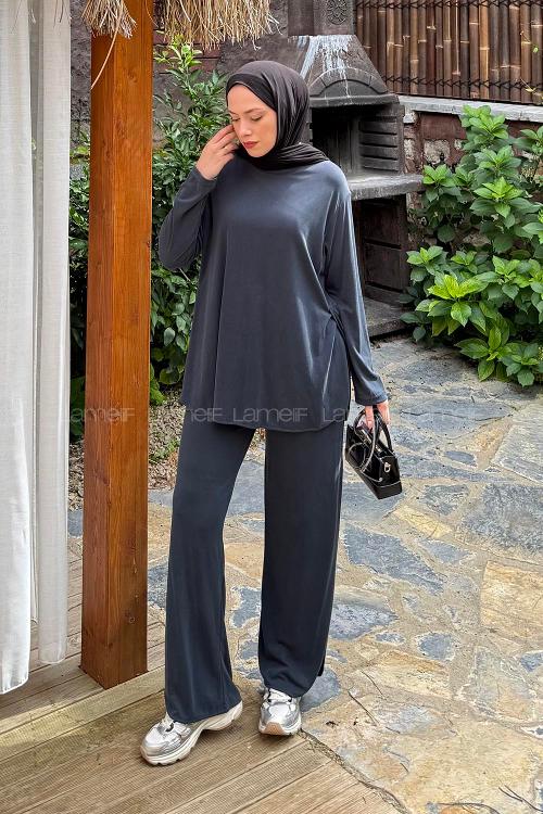 Lamelif Yan Yırtmaç Detaylı Takım Antrasit