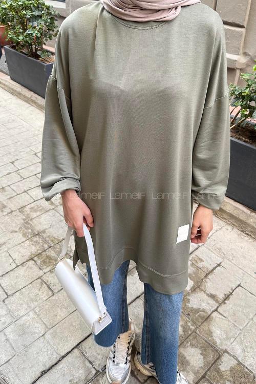 Lamelif Armalı Bisiklet Yaka Sweat Haki