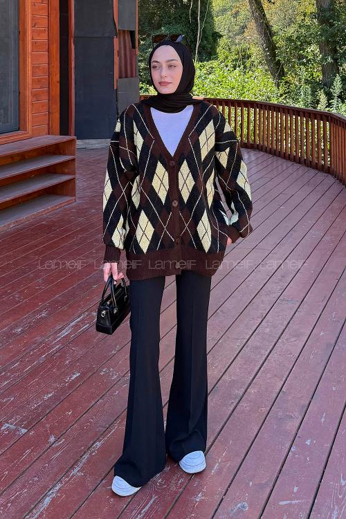 Lamelif Baklava Desen Jakarlı Hırka Kahverengi