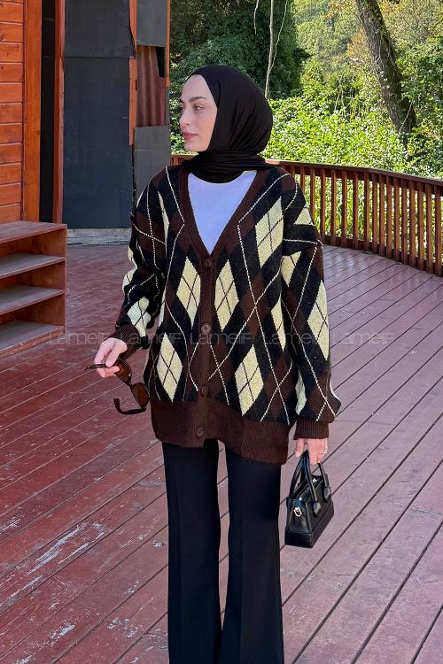 Lamelif Baklava Desen Jakarlı Hırka Kahverengi