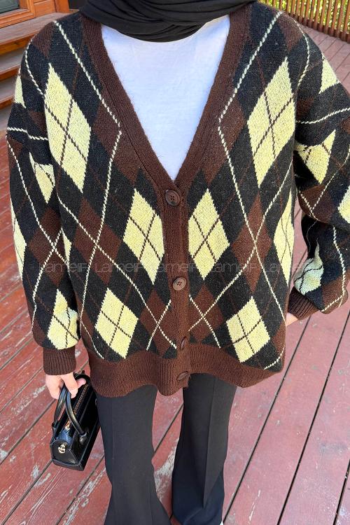 Lamelif Baklava Desen Jakarlı Hırka Kahverengi