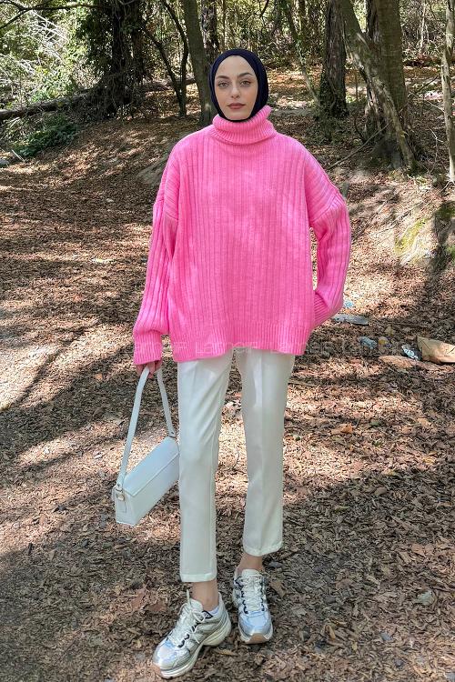 Lamelif Balıkçı Yaka Kazak Pembe