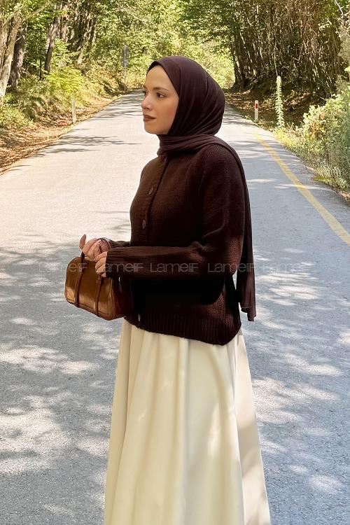 Lamelif Bisiklet Yaka Kısa Hırka Acı Kahve