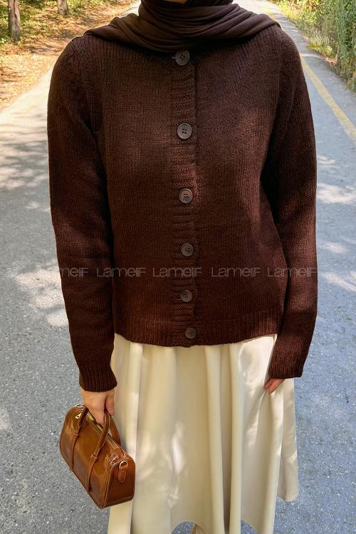 Lamelif Bisiklet Yaka Kısa Hırka Acı Kahve