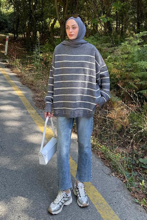 Lamelif Çizgili Triko Kazak Antrasit