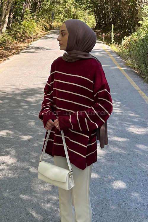 Lamelif Çizgili Triko Kazak Bordo