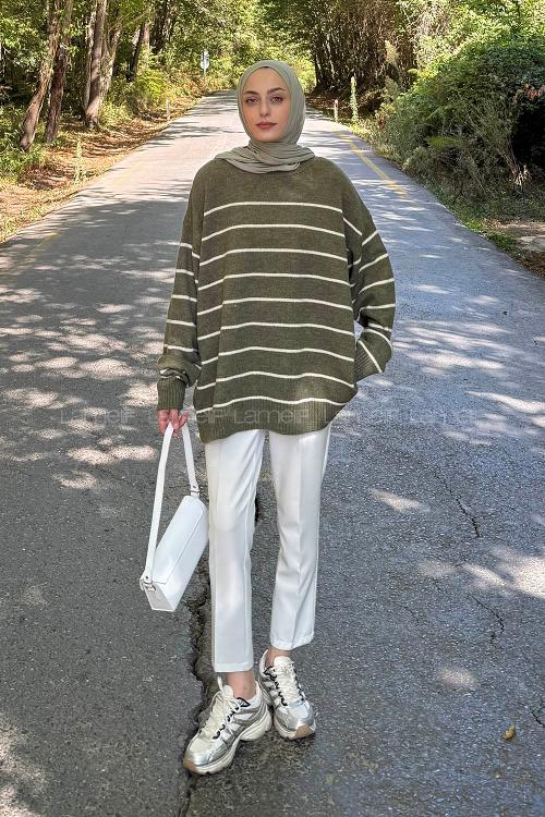 Lamelif Çizgili Triko Kazak Haki