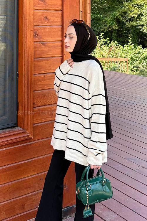 Lamelif Çizgili Triko Kazak Naturel