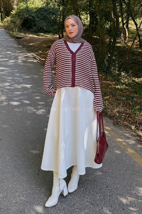 Lamelif İnce Çizgili Triko Hırka Bordo