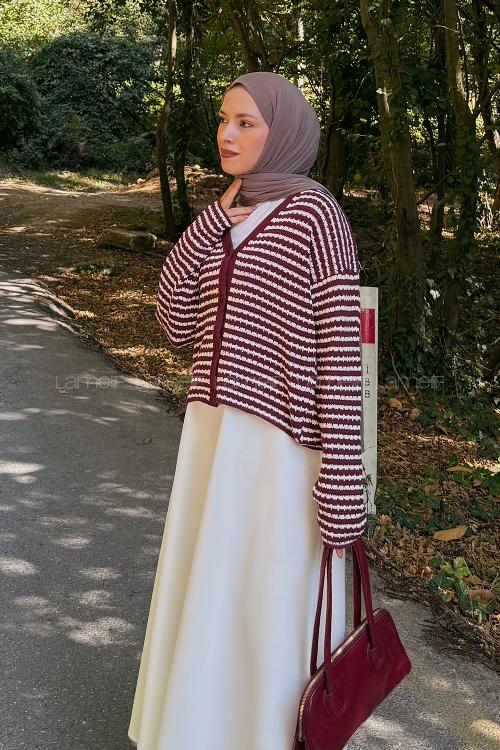 Lamelif İnce Çizgili Triko Hırka Bordo