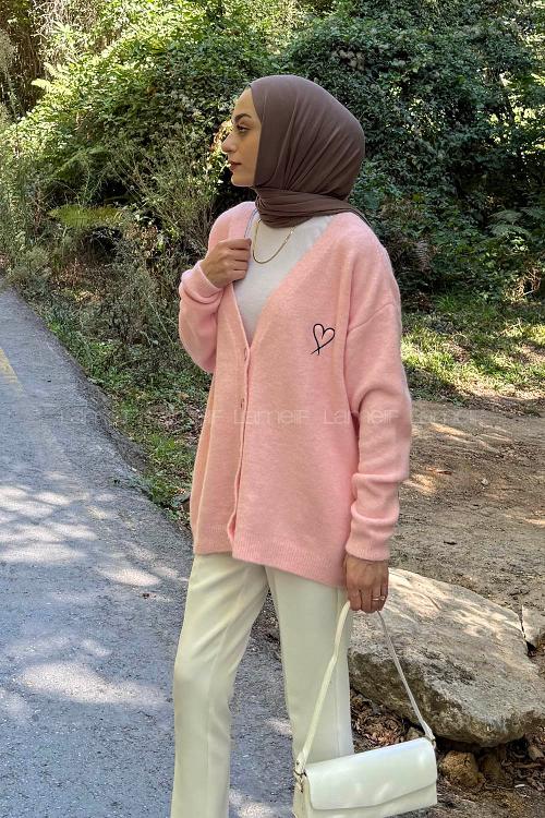 Lamelif Kalp Nakış Detaylı Oversize Hırka Pembe