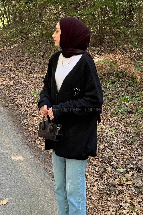Lamelif Kalp Nakış Detaylı Oversize Hırka Siyah