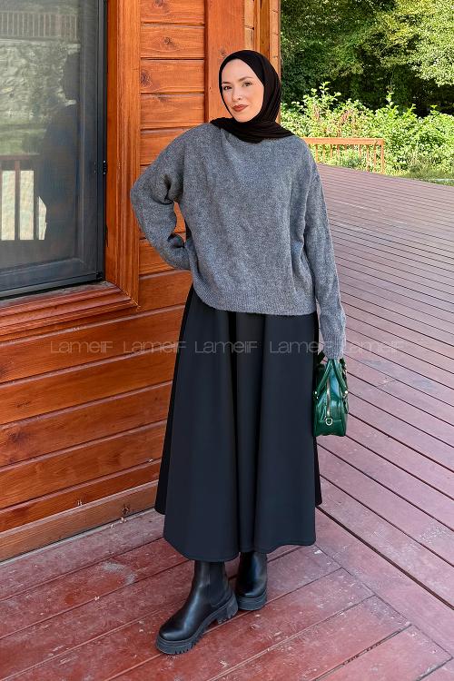 Lamelif Kendinden Desenli Triko Kazak Antrasit