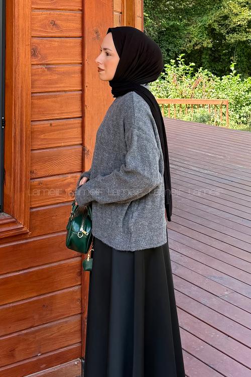 Lamelif Kendinden Desenli Triko Kazak Antrasit