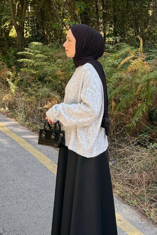 Lamelif Kendinden Desenli Triko Kazak Gri