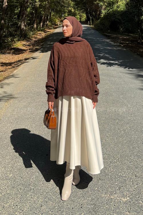 Lamelif Kendinden Desenli Triko Kazak Kahverengi