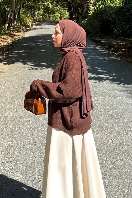 Lamelif Kendinden Desenli Triko Kazak Kahverengi