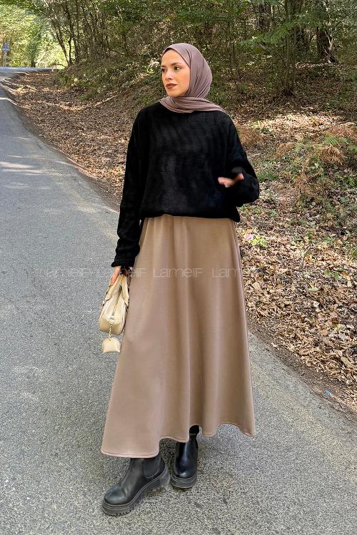 Lamelif Kendinden Desenli Triko Kazak Siyah