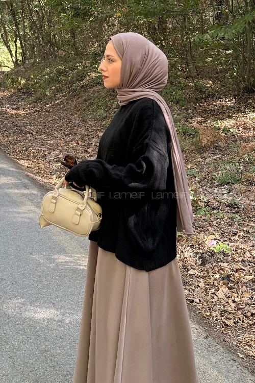 Lamelif Kendinden Desenli Triko Kazak Siyah