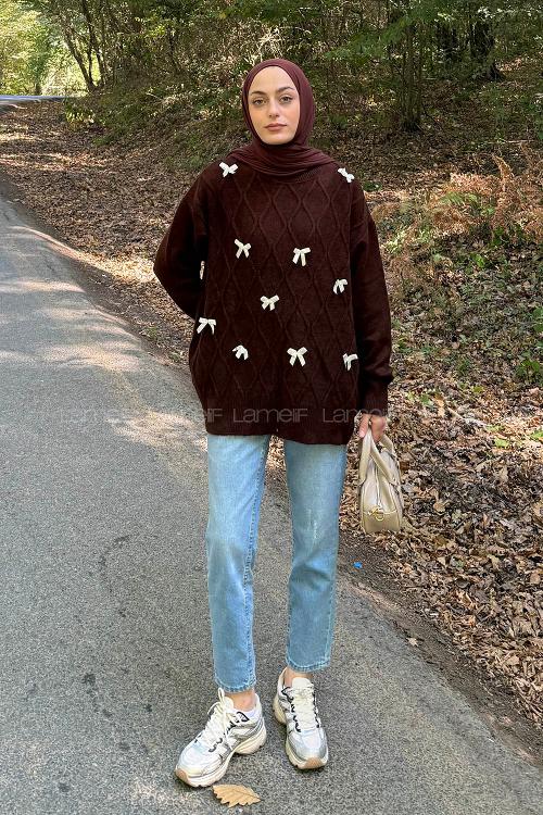 Lamelif Kurdeleli Triko Kazak Acı Kahve