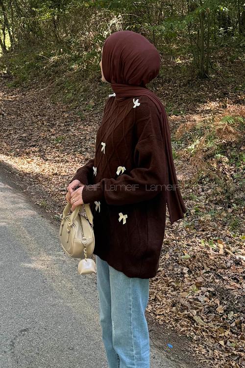 Lamelif Kurdeleli Triko Kazak Acı Kahve