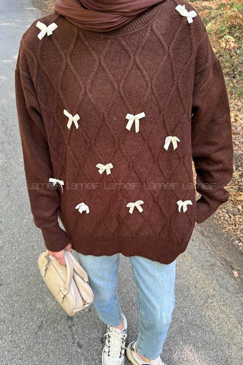 Lamelif Kurdeleli Triko Kazak Acı Kahve