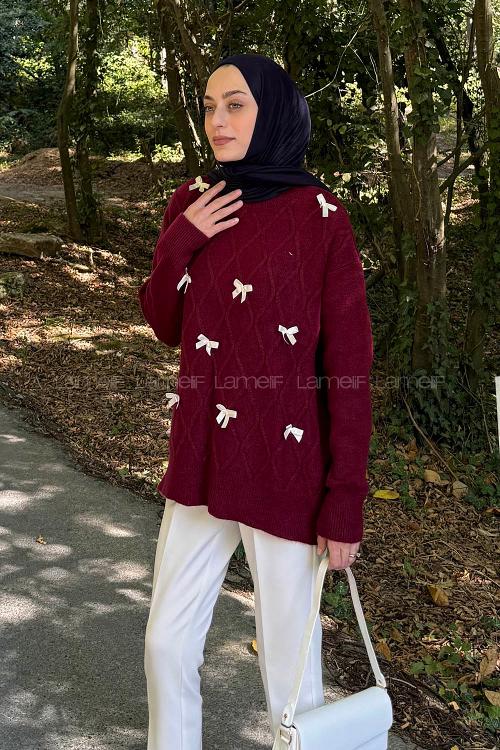 Lamelif Kurdeleli Triko Kazak Bordo