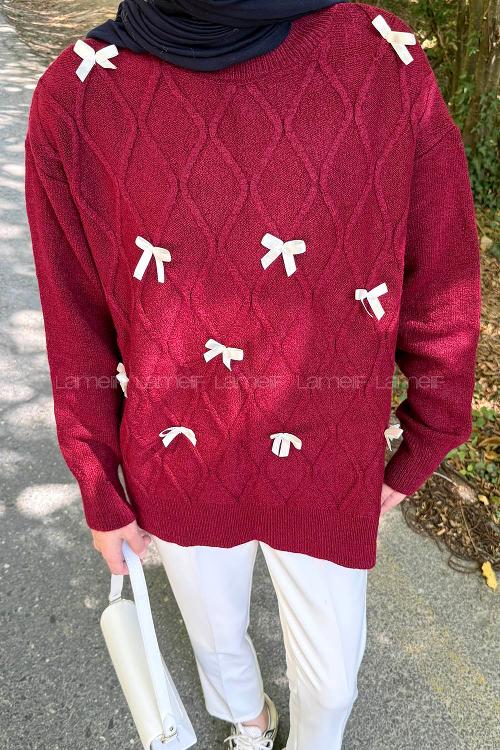 Lamelif Kurdeleli Triko Kazak Bordo