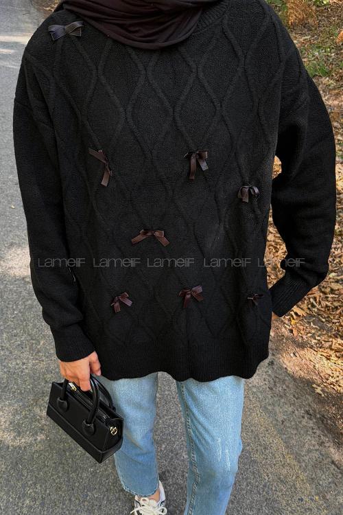 Lamelif Kurdeleli Triko Kazak Siyah