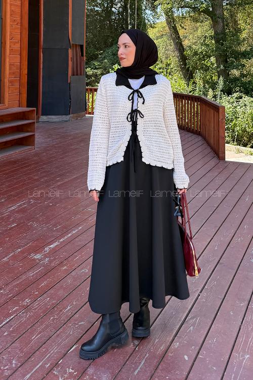 Lamelif Ön Bağcık Detaylı Ajurlu Hırka Bej