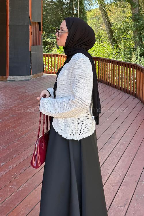 Lamelif Ön Bağcık Detaylı Ajurlu Hırka Bej