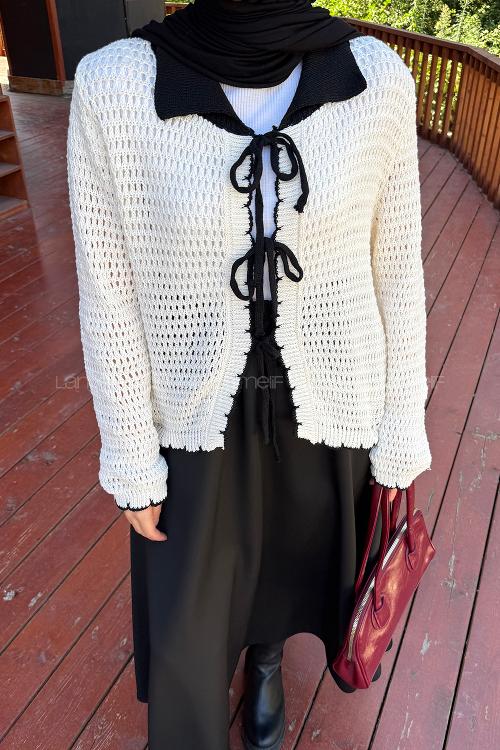 Lamelif Ön Bağcık Detaylı Ajurlu Hırka Bej