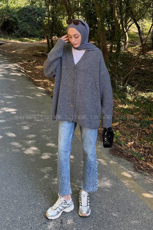 Lamelif Salaş Dokulu Basic Hırka Antrasit