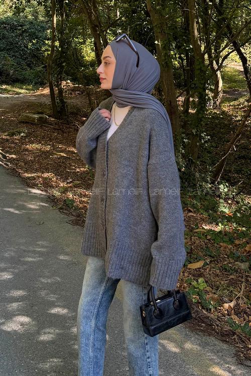 Lamelif Salaş Dokulu Basic Hırka Antrasit