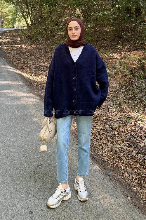 Lamelif Salaş Dokulu Basic Hırka Lacivert