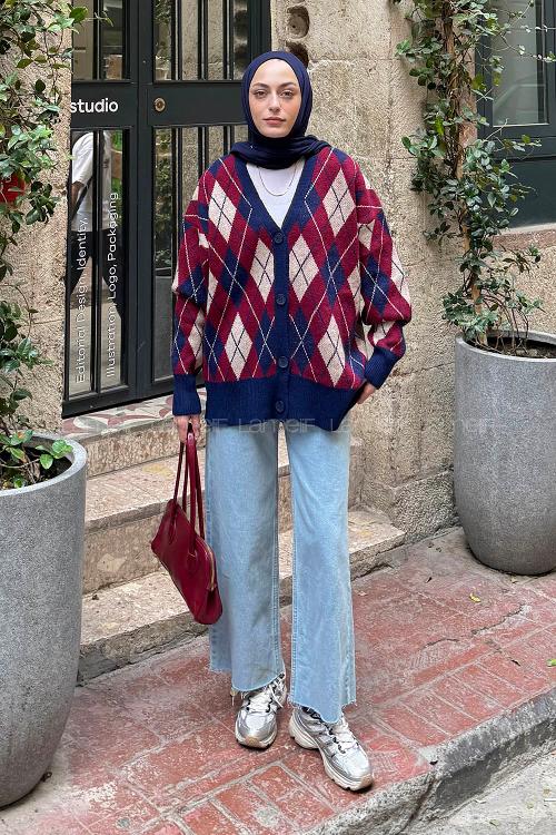 Lamelif Baklava Desen Jakarlı Hırka Lacivert