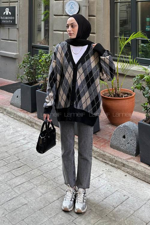 Lamelif Baklava Desen Jakarlı Hırka Siyah