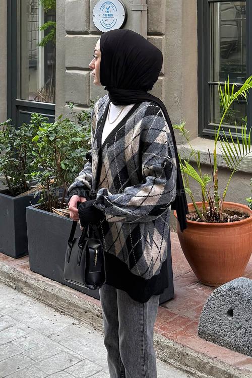 Lamelif Baklava Desen Jakarlı Hırka Siyah