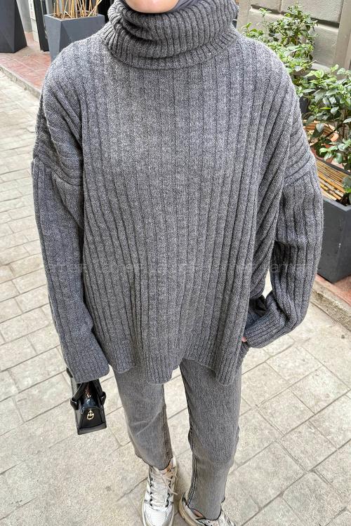 Lamelif Balıkçı Yaka Kazak Antrasit