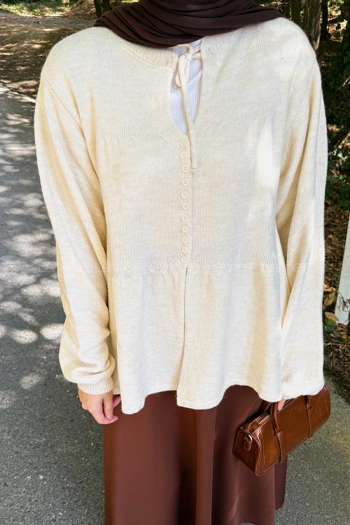 Lamelif Yaka Bağlama Detaylı Kazak Bej