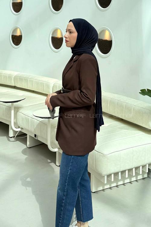 Lamelif Çanta Aksesuarlı Ceket Acı Kahve