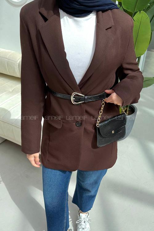 Lamelif Çanta Aksesuarlı Ceket Acı Kahve