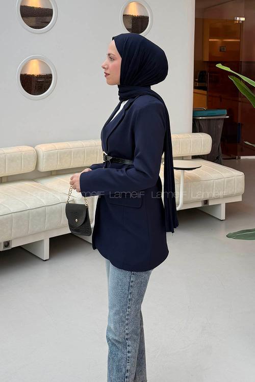 Lamelif Çanta Aksesuarlı Ceket Lacivert