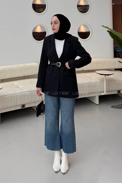 Lamelif Çanta Aksesuarlı Ceket Siyah