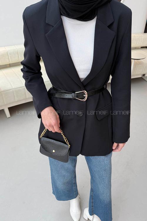 Lamelif Çanta Aksesuarlı Ceket Siyah